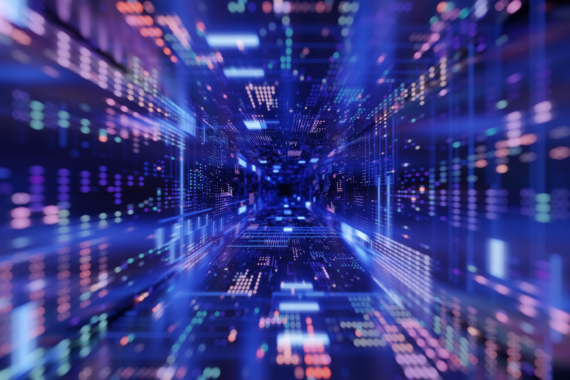 Data Streaming concept. Digital tunnel made with an abstract particles, neon coloured